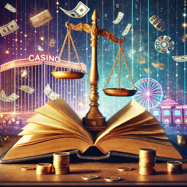Avoin lakikirja, jonka päällä on kultaiset vaa’at, taustalla neonvalaistu kasino. Ilmaan lentävät asiakirjat symboloivat muuttuvia kasinolakeja ja sääntelyä